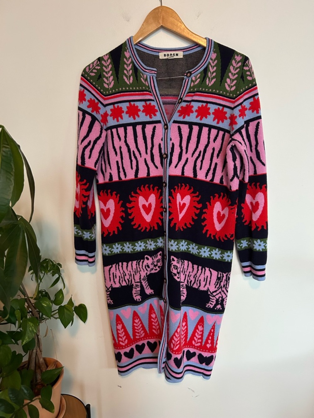 Boden Tigers Long Jacquard Cardigan Navy Pink Size S - Picture 5 of 10